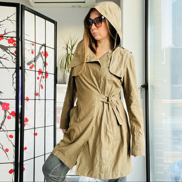 Vintage Jackets & Blazers - Ali RO Waist Belt Cloak Army Green Self Tie Layer Wrap Trench Coat